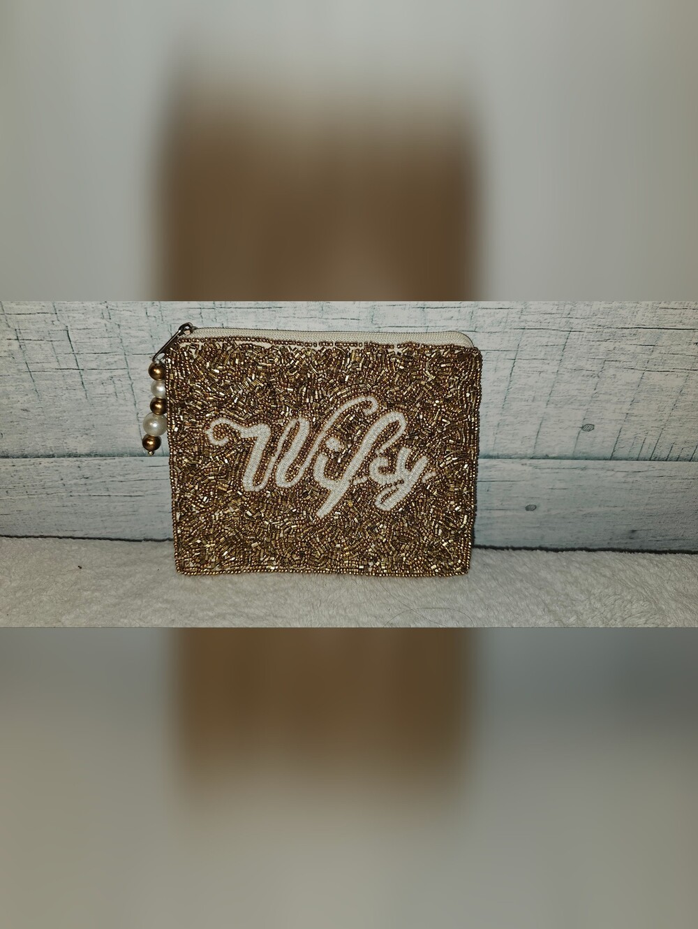 Beaded Gold and White 'Wifey' Coin Pouch